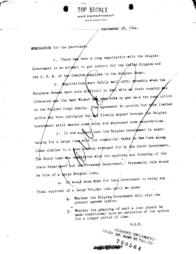 A September 18, 1944 memo on actions to put control of uranium supplies in the Belgian Congo in the hands of the Allies