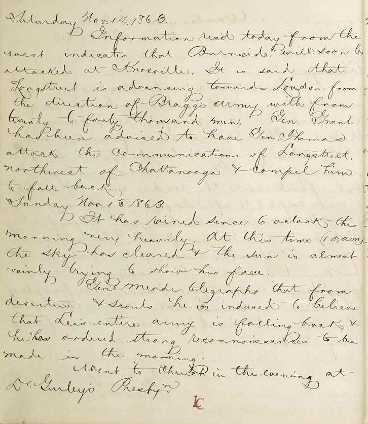 Civil War Bates Diary entry Burnside will be attacked at Knoxville
