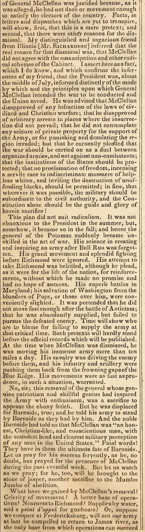 Democratic House member Samuel Cox of Ohio criticizes President Lincoln's dismissal of General McClellan  Congressional Globe December 18, 1862