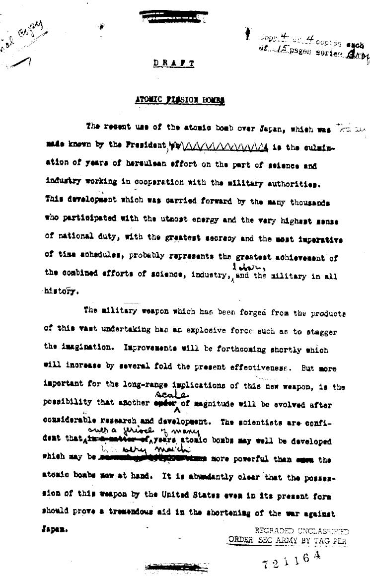Draft showing work on the War Department's public statement to be given after the first use of an atomic bomb weeks before Hiroshima and Nagasaki