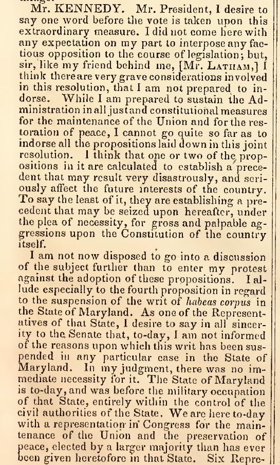 Senator Anthony Kennedy from Maryland on the suspension of Habeas Corpus in Maryland  Congressional Globe July 10 1861