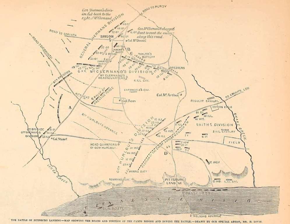 The Battle of Pittsburg Landing - Map showing the roads and position of the camps before and during the battle