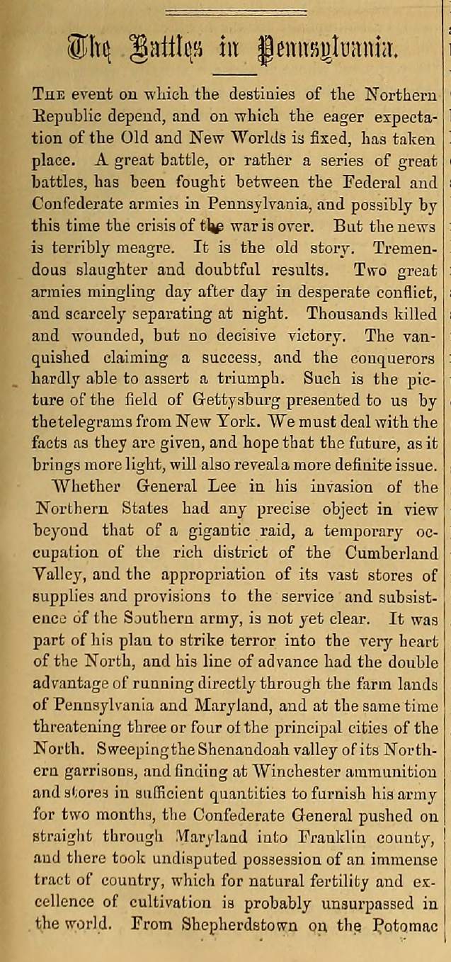 The Index's report on the Battle of Gettysburg published in the July 16, 1863 issue