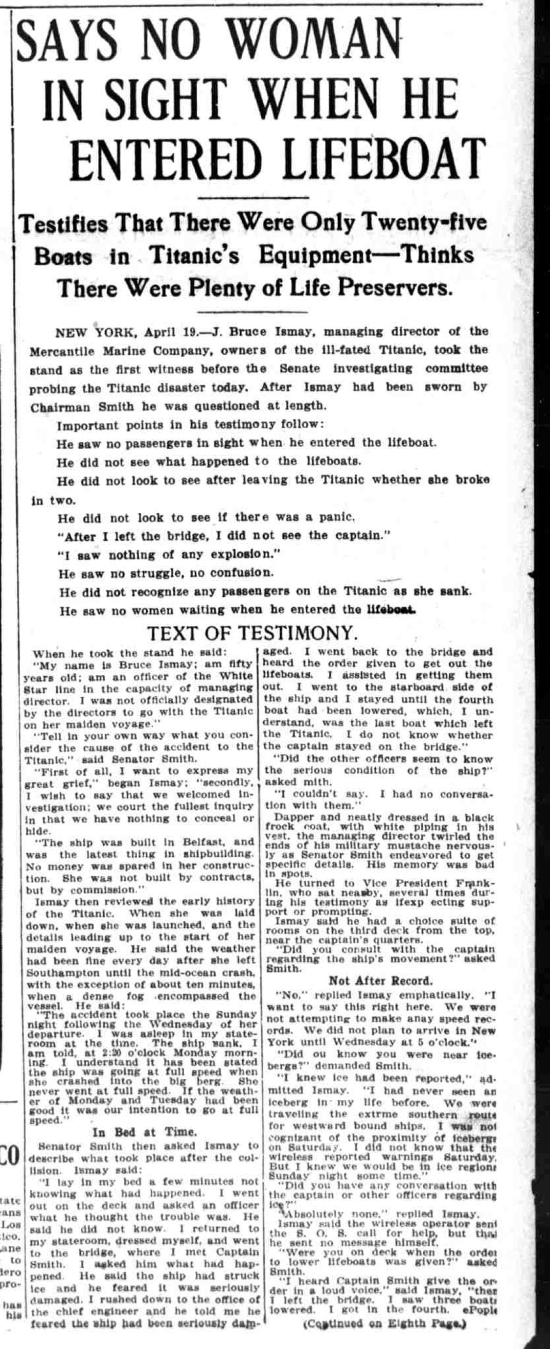 Titanic Newspaper Article 1912-04-19 The Washington Times, April 19, 1912, LAST EDITION, Page 1
