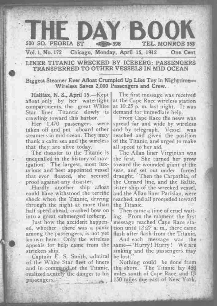 Titanic Newspaper Front Page 1912-04-15 The Day Book (Chicago, IL), April 15, 1912, Page 1