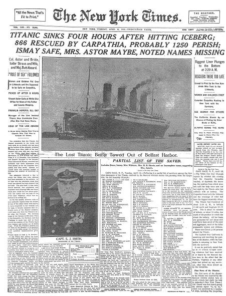 Titanic Newspaper Front Page 1912-04-16 New York Times, April 16, 1912 Page 1