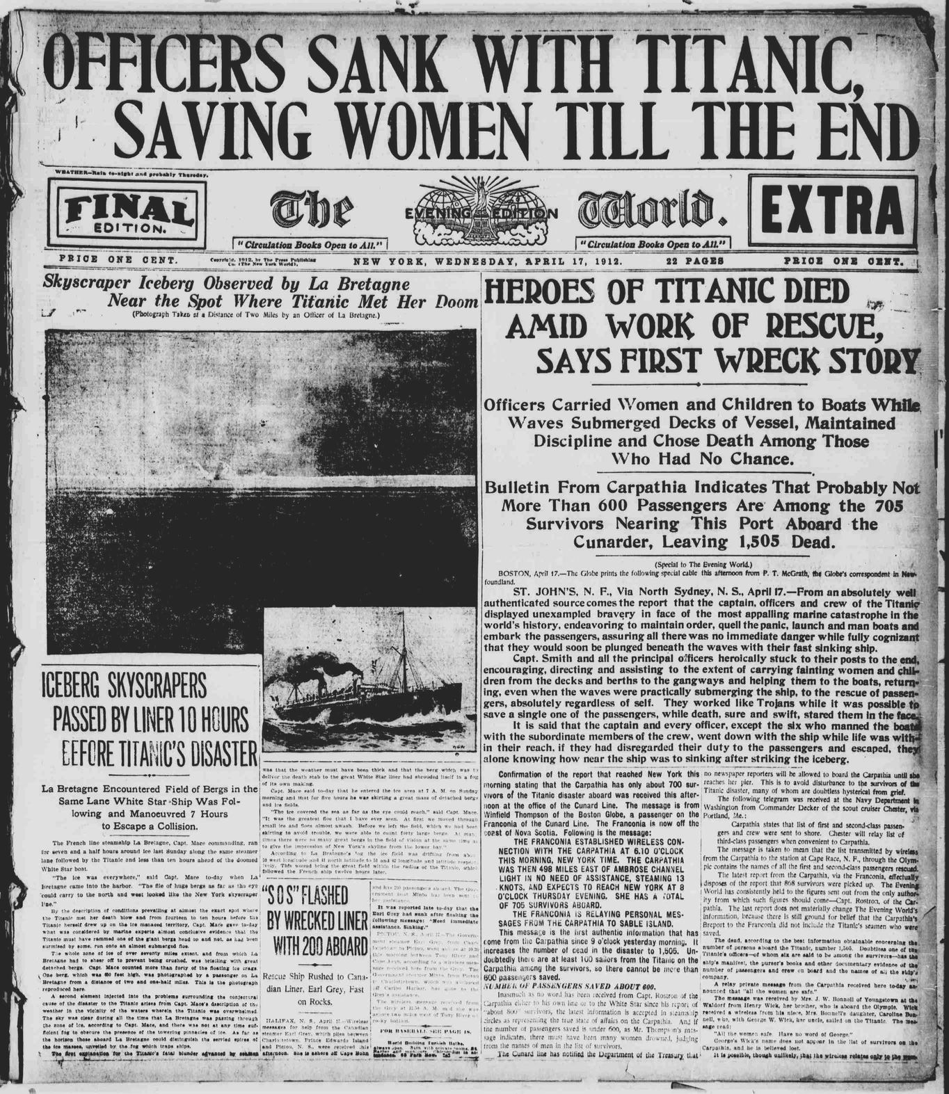 Titanic Newspaper Front Page 1912-04-17 The Evening World (New York, NY), April 17, 1912, Final Edition-Extra, Page 1