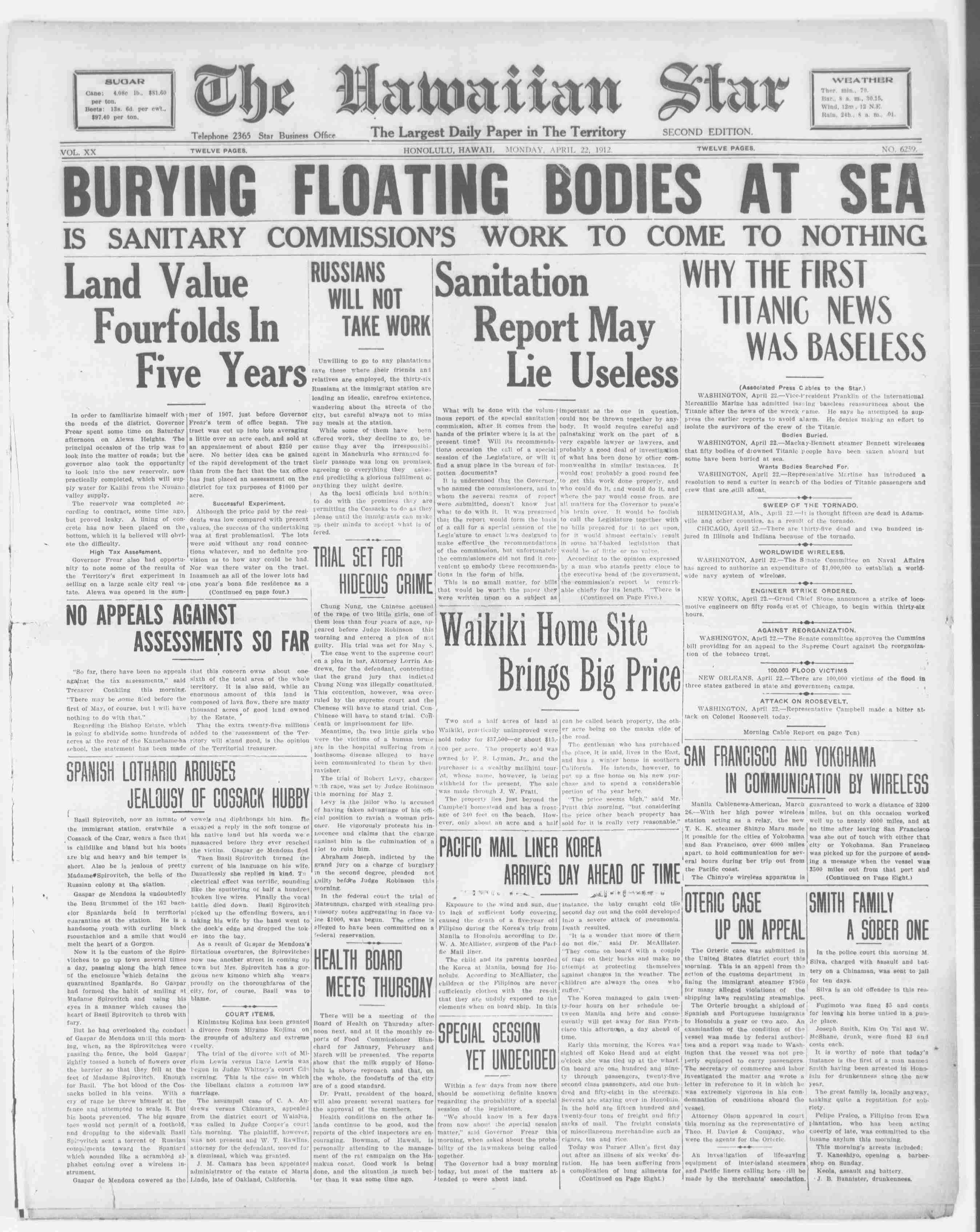 Titanic Newspaper Front Page 1912-04-22 The Hawaiian Star (Honolulu, HI), April 22, 1912, SECOND EDITION, Page 1