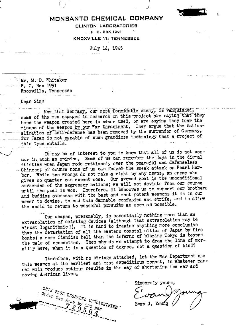 A July 14, 1945 memo from a Manhattan Project scientist presenting a different view from the other scientists who wanted to slow the path to the use of an atomic bomb