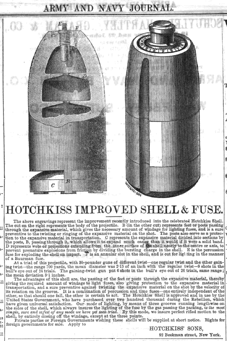 Advertisement appearing in the Army Navy Journal for the Hotchkiss Shell & Fuse