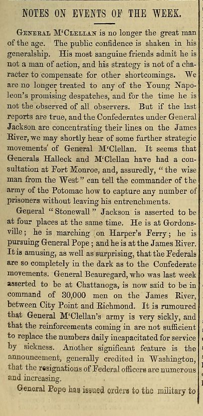 An article from the August 7, 1862 issue of The Index comparing General George McClellan and General Stonewall Jackson