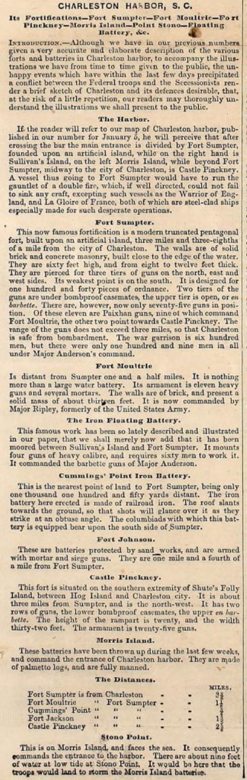 April 27, 1861 article on the attack on Fort Sumter and the Charleston Harbor, and the coverage of events by Frank Leslie's Illustrated Newspaper