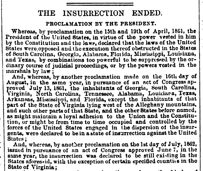 Army Navy Journal April 7, 1866 printing of President Jonson's proclamation the succession has ended
