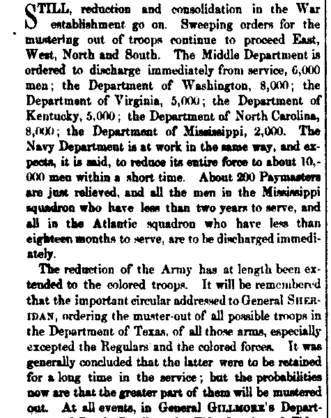Army Navy Journal August 26 1865 article on the reduction and consolidation of the Union Army