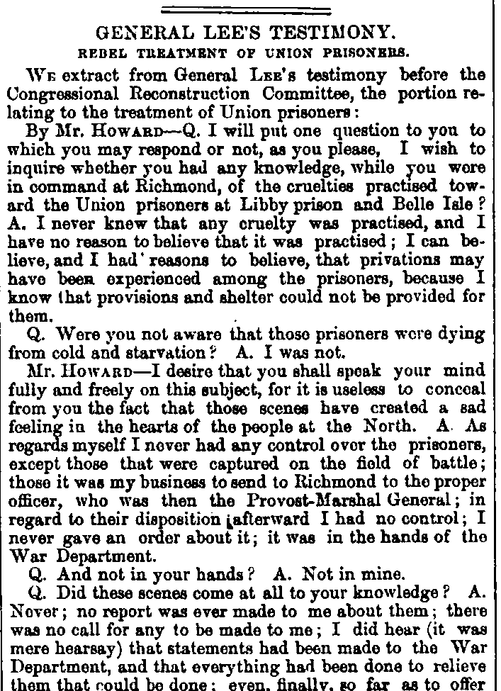 Army Navy Journal March 31 1866 publishing from the transcript of General Lee's testimony before the Congressional Reconstruction Committee concerning treatment of Union POWs RESIZE