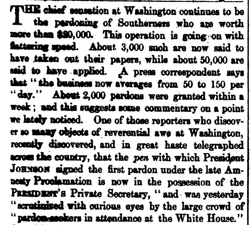 Army Navy Journal October 14, 1865 article on the progress of the issuance of pardon to Confederates