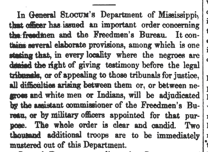 Army Navy Journal September 9, 1865 article on Freedmen's Bureau activity in Mississippi
