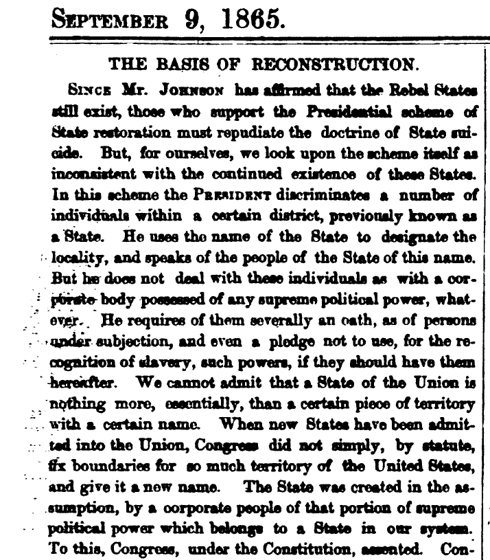 Army Navy Journal September 9, 1865 article on post Civil War reconstruction policies of President Johnson
