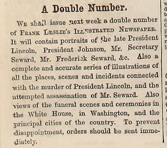 Article about further coverage to come on the Lincoln assassination appearing in Frank Leslie's Illustrated Weekly