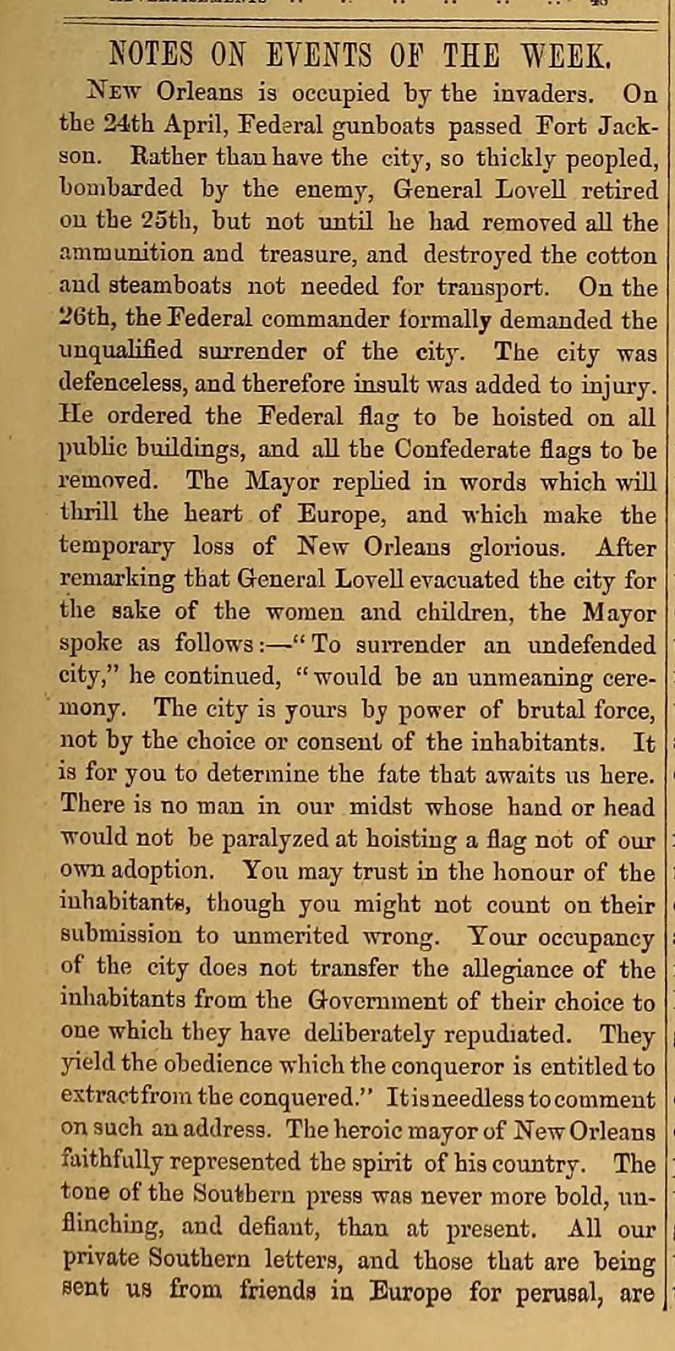 Article on the Union capture of New Orleans from the May 15, 1862 issue of The Index