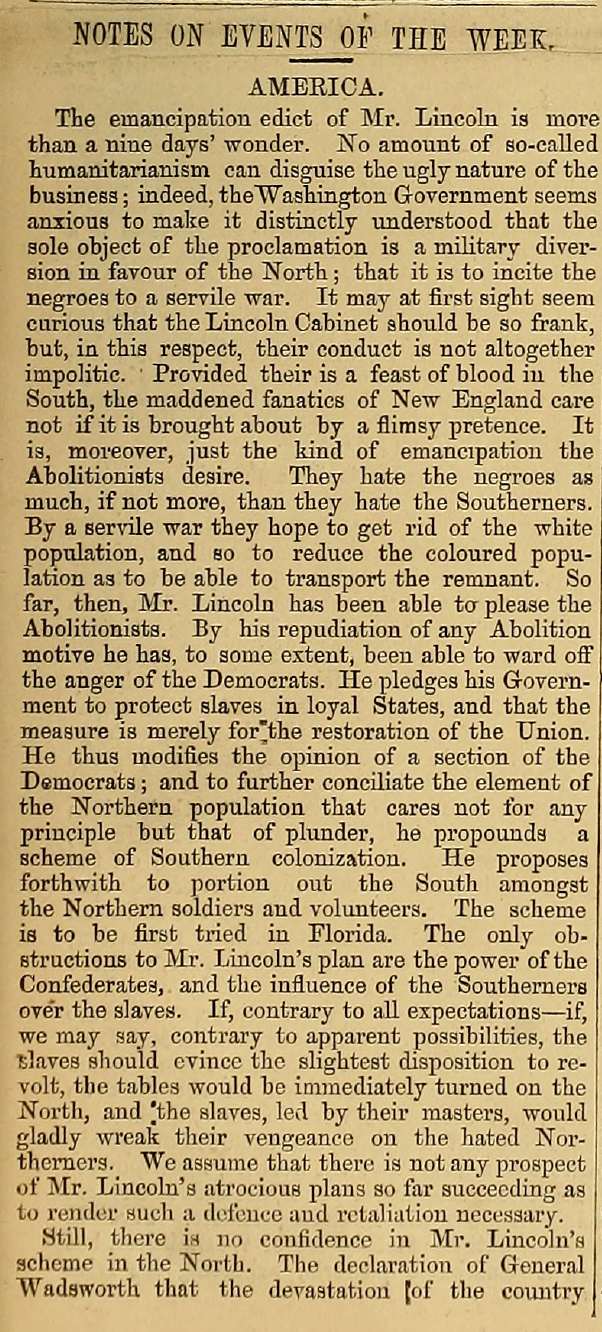 Article reporting and commenting on President Lincoln's preliminary Emancipation Proclamation issued after the battle of Antietam from the October 16, 1862 issue of The Index Column 1