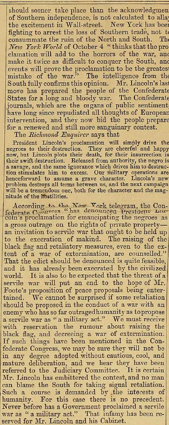 Article reporting and commenting on President Lincoln's preliminary Emancipation Proclamation issued after the battle of Antietam from the October 16, 1862 issue of The Index Column 2