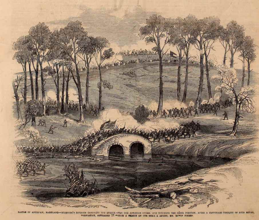 Battle of Antietam, Maryland Burnside's division carrying the bridge over the Antietam Creek, and storming the Rebel position, after a desperate conflict of four hours, Wednesday, September 17