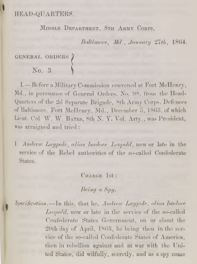 Civil War court martial document from trial of Andrew Laypole accused of being a spy charge 1