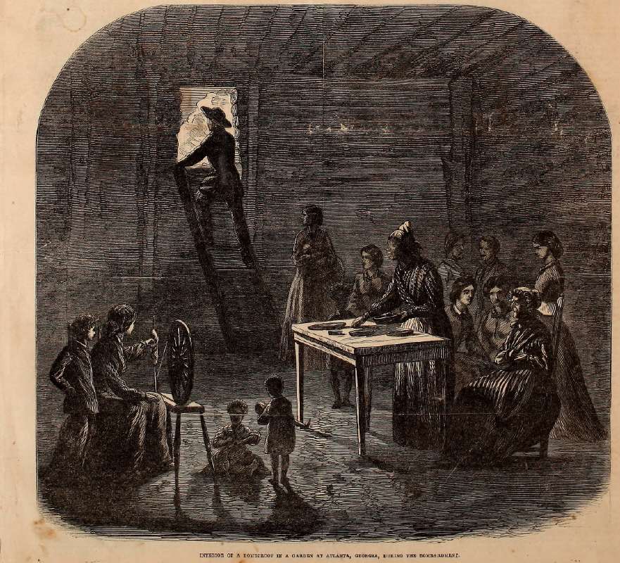 Civil War illustration of a bombshelter in Atlanta during a bombardment during Sherman's March from the Frank Leslie's Illustrated Weekly