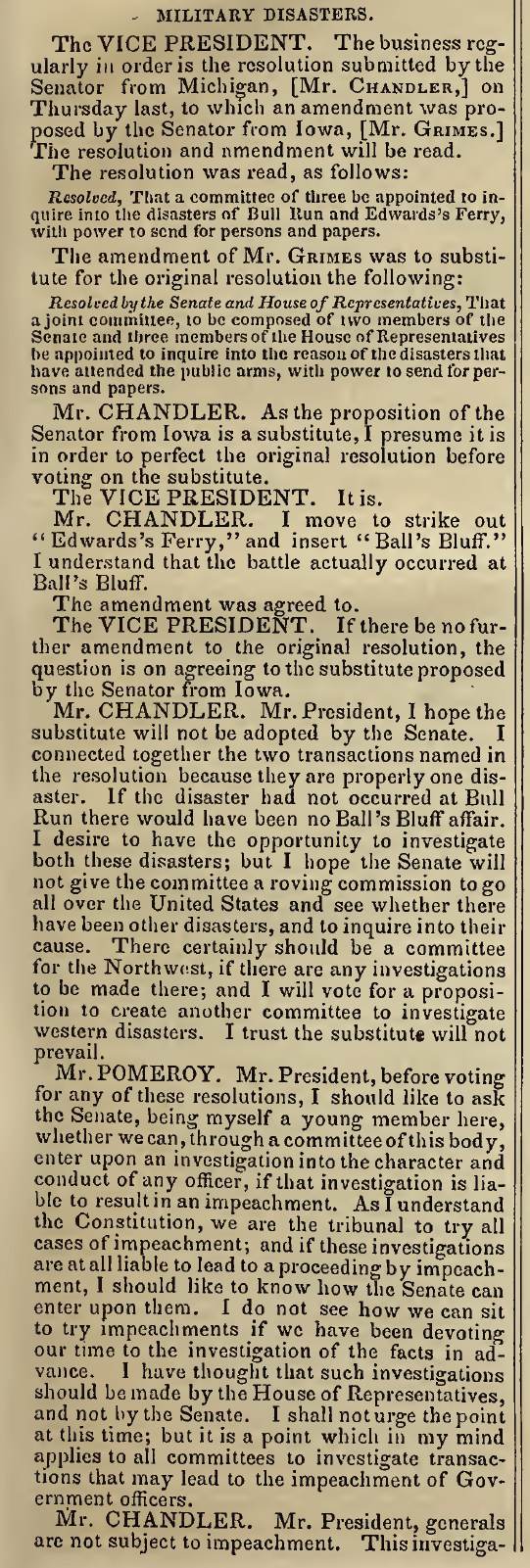 Congressmen move to establish an oversight committee after the disasters at Bull Run and Ball's Bluff - Congressional Globe December 9, 1861