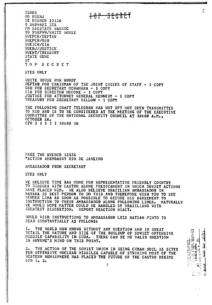 Cuban Missile Crisis Department of State cable concerning establishing secret negotiations with Cuba
