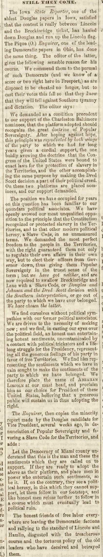 Freeport Wide Awake Abraham Lincoln Campaign Newspaper August 18, 1860 Article