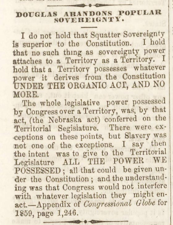 Freeport Wide Awake Abraham Lincoln Campaign Newspaper August 18, 1860 Article - Douglas Abandons Popular Sovereignty