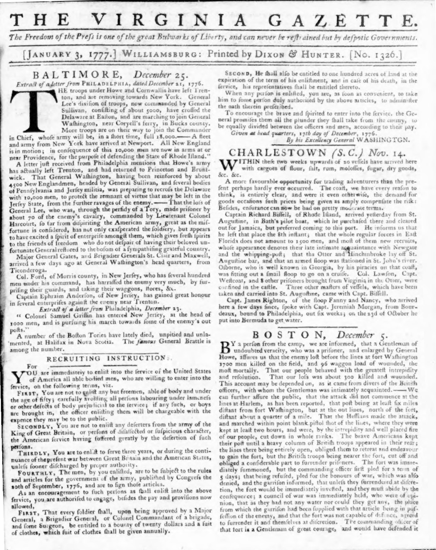 General-George-Washington-Recruiting-Instructions-for-the-Continental-Army-in-the-Virginia-Gazette-Newspaper-January-3-1777