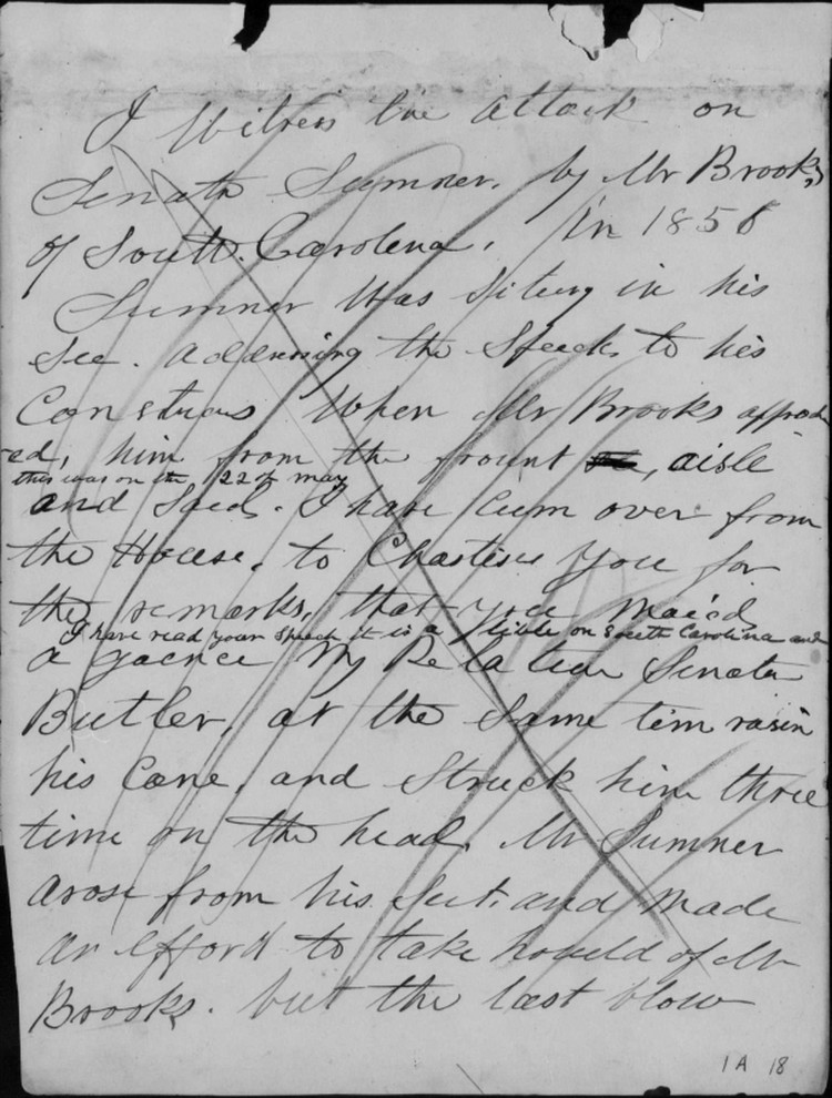 Isaac Bassett Papers Sample Page 3 Notes on the caning of Sentaor Charles Sumner