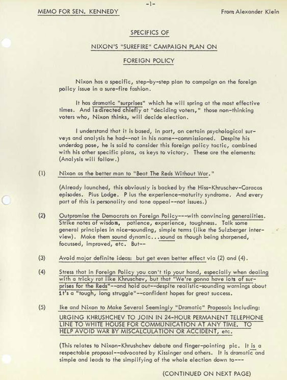 JFK 1960 Election Nixon Opposition Research Sample Page 1