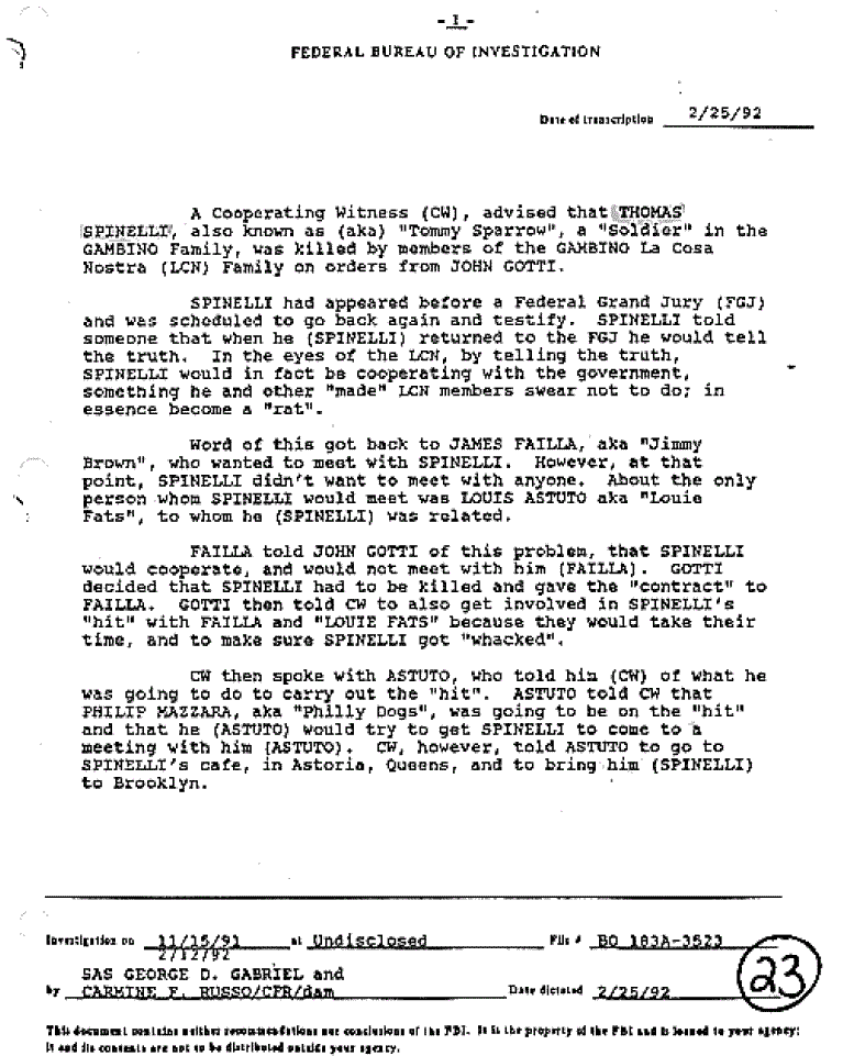 John Gotti FBI Files memo on the murder of Thomas Spinelli