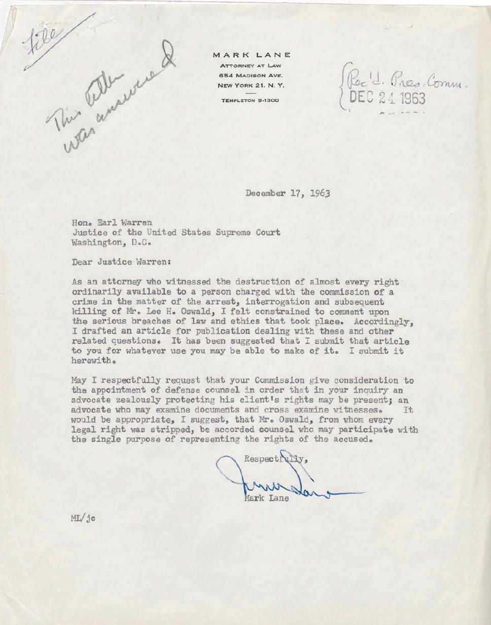 John F. Kennedy Assassination Mark Lane FBI & Warren Commission Files 1963-12-17