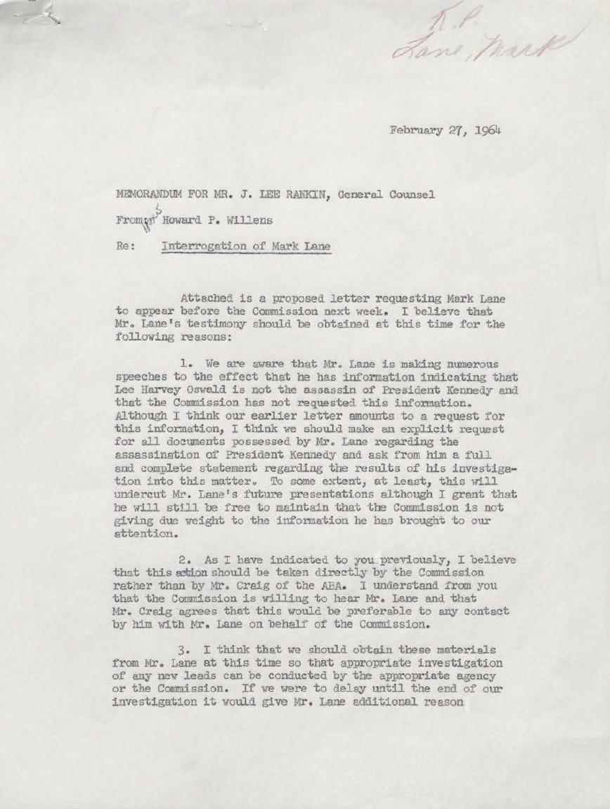 John F. Kennedy Assassination Mark Lane FBI & Warren Commission Files 1964-02-27