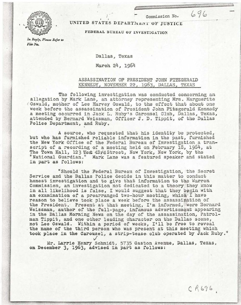 John F. Kennedy Assassination Mark Lane FBI & Warren Commission Files 1964-03-24