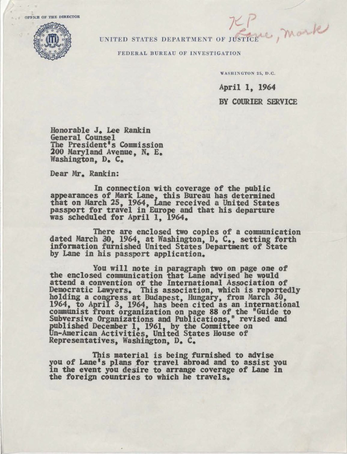 John F. Kennedy Assassination Mark Lane FBI & Warren Commission Files 1964-04-01