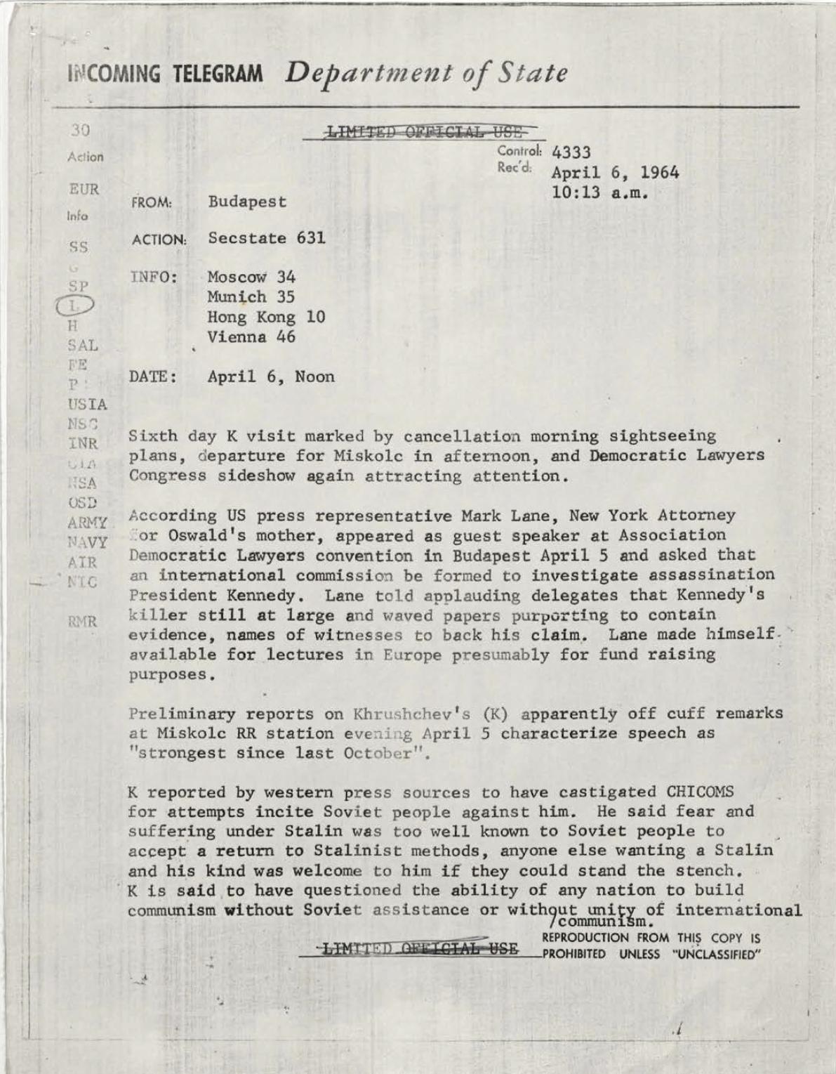 John F. Kennedy Assassination Mark Lane FBI & Warren Commission Files 1964-04-06