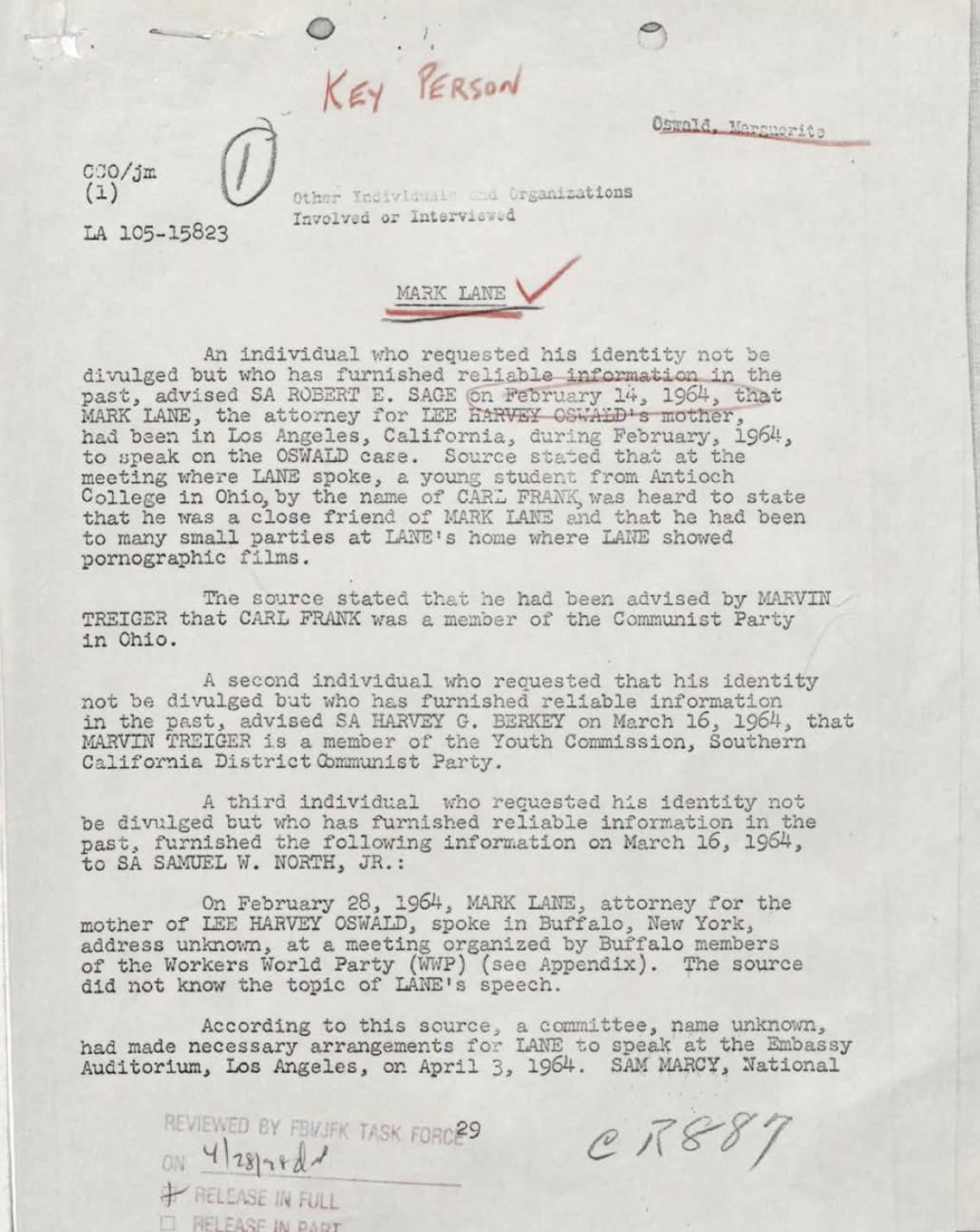John F. Kennedy Assassination Mark Lane FBI & Warren Commission Files 1964-04-07