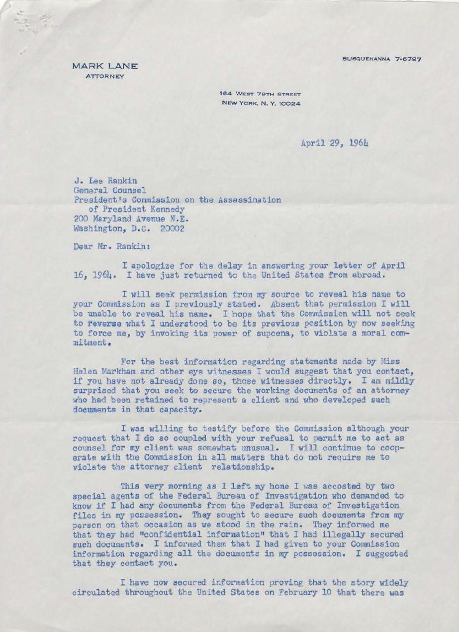 John F. Kennedy Assassination Mark Lane FBI & Warren Commission Files 1964-04-29