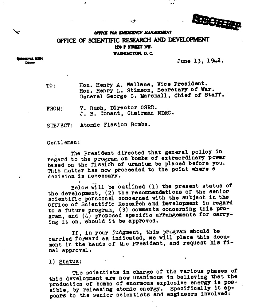 June 13, 1942 memo conveying that scientists in a War Department workgroup were unanimous that an atomic bomb could be built.