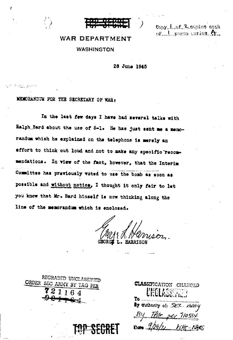June 1945 Memos shows ideas about the use of an atomic bomb within the War Department page 1