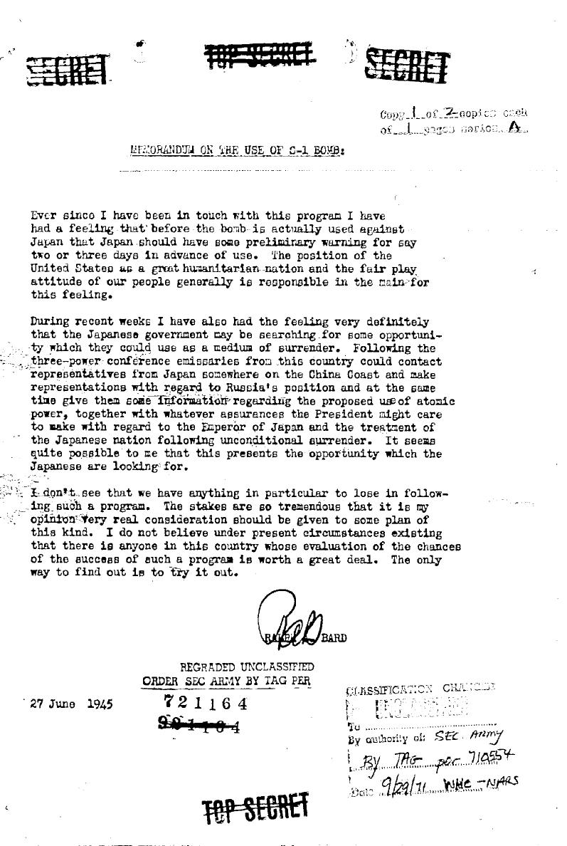 June 1945 Memos shows ideas about the use of an atomic bomb within the War Department page 2