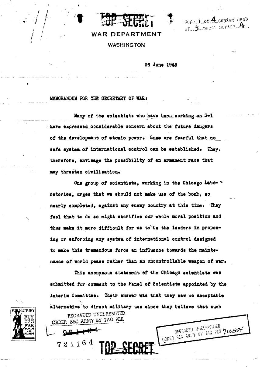 June 26, 1945 memo demonstrating worry among Manhattan Project scientists about what they have created