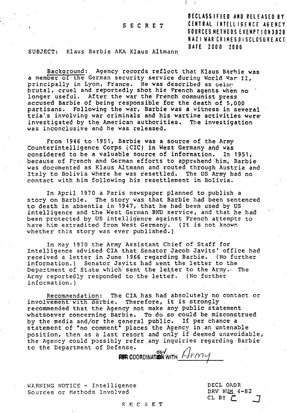 Klaus Barbie CIA Files Page 1