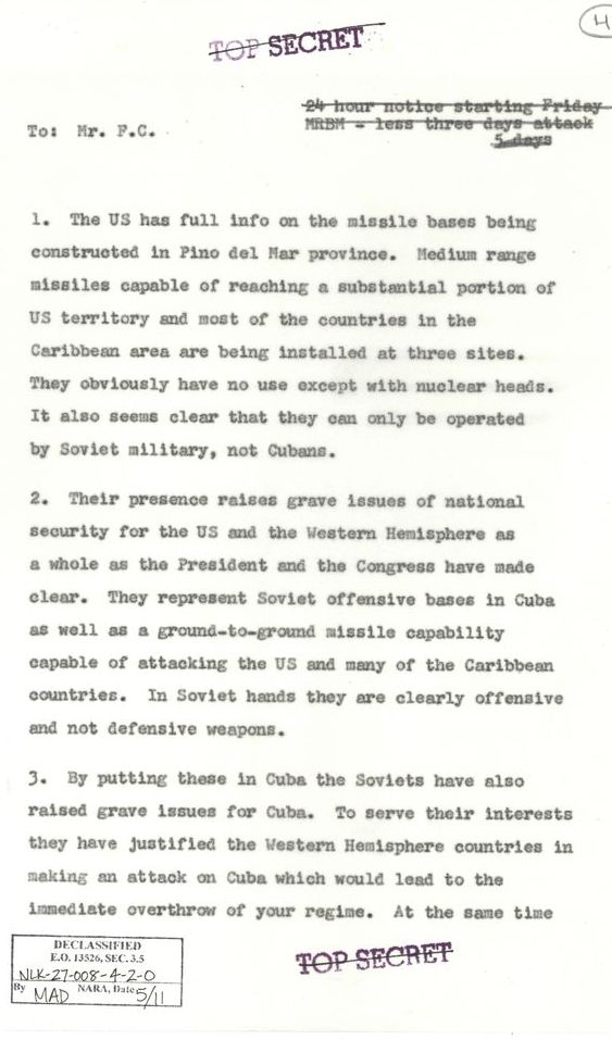Letter to Fidel Castro from the Department of State drafted at the beginning of the Cuban Missile Crisis
